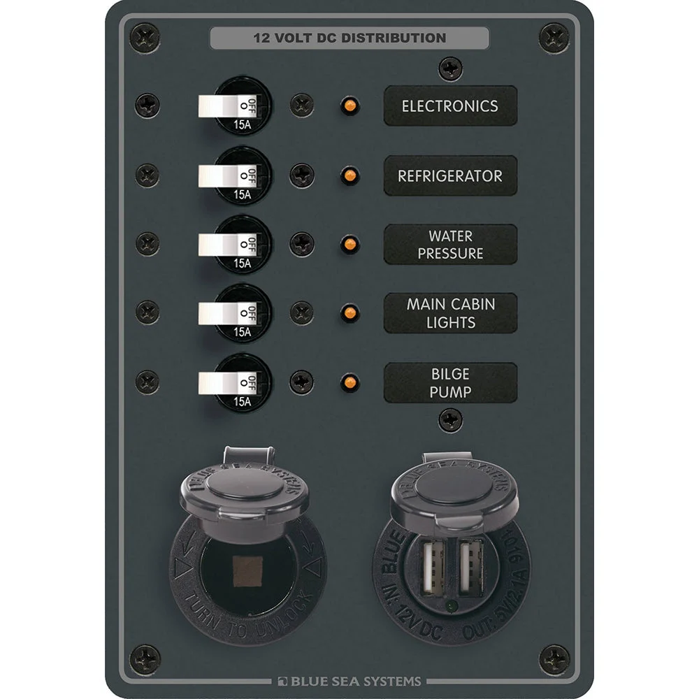 Blue Sea 8120 Breaker Panel 5 Position w/DC Socket & Dual USB