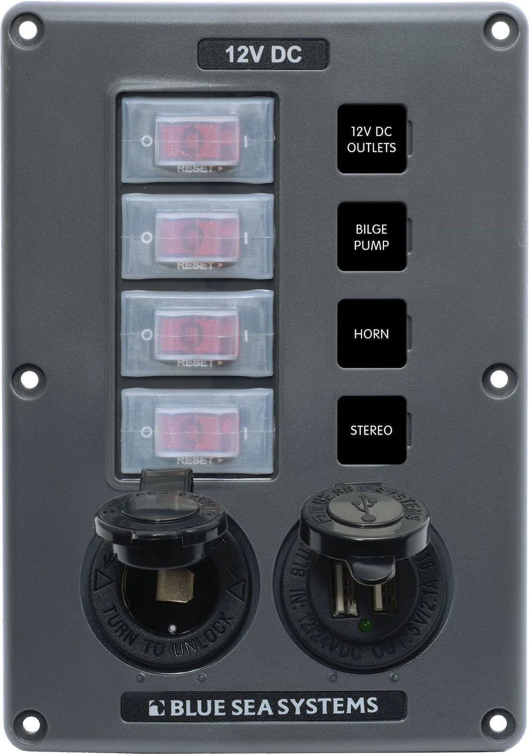Blue Sea Panel Switch H2O Cb 4Pos Sckt & Usb – Marine Electrical Replacement Part