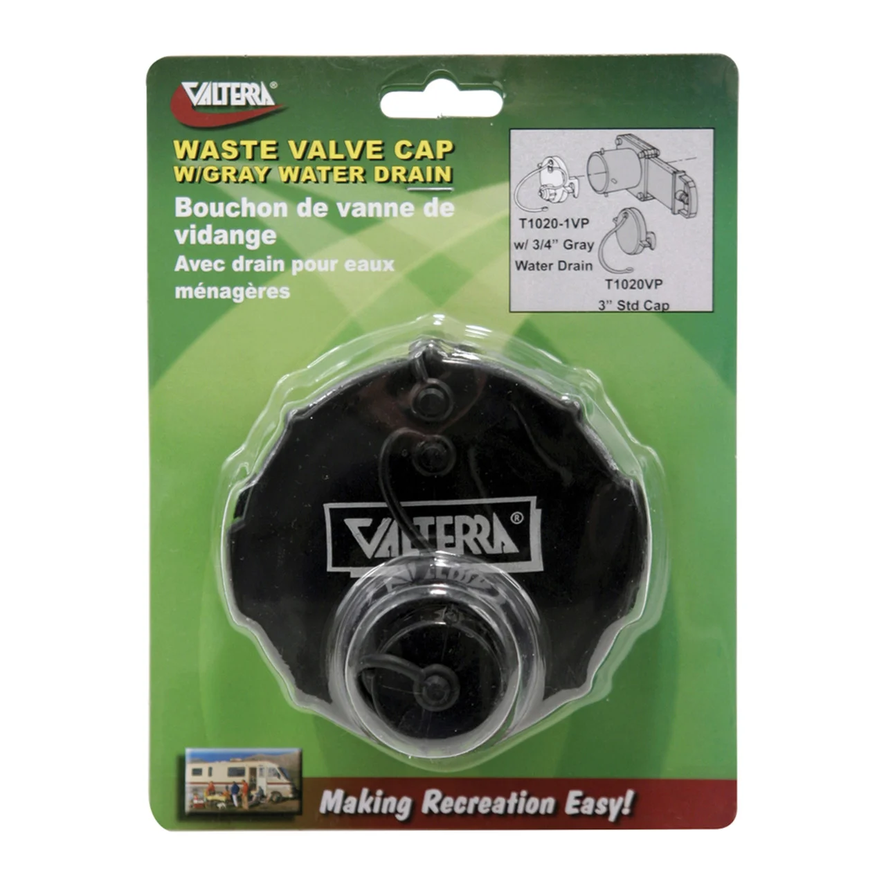 Valterra T1020-1VP Waste Valve Cap - 3" with Capped 3/4" GHT, Black, Carded - T1020-1VP