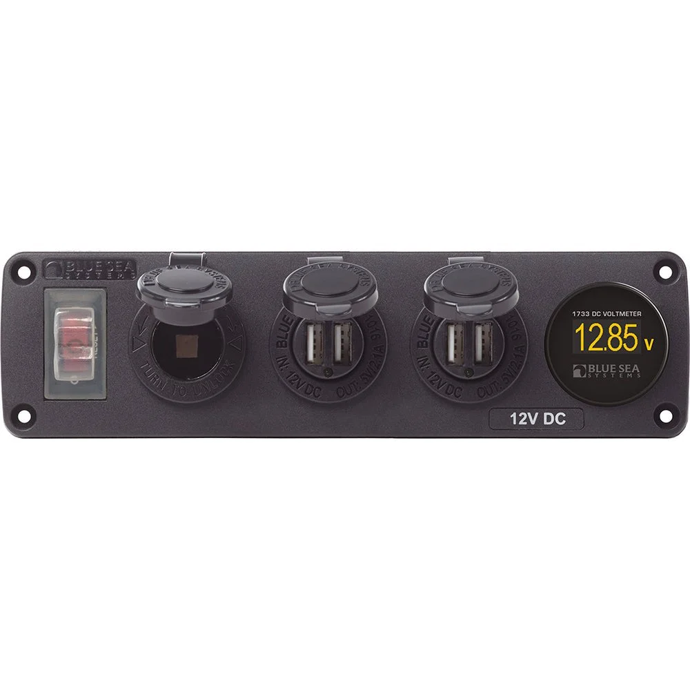 Blue Sea Systems 4368 Water Resistant USB Accessory Panel - 12V Socket, 2x 2.1A Dual USB Chargers, Mini Voltmete – Marine Boat Replacement Part