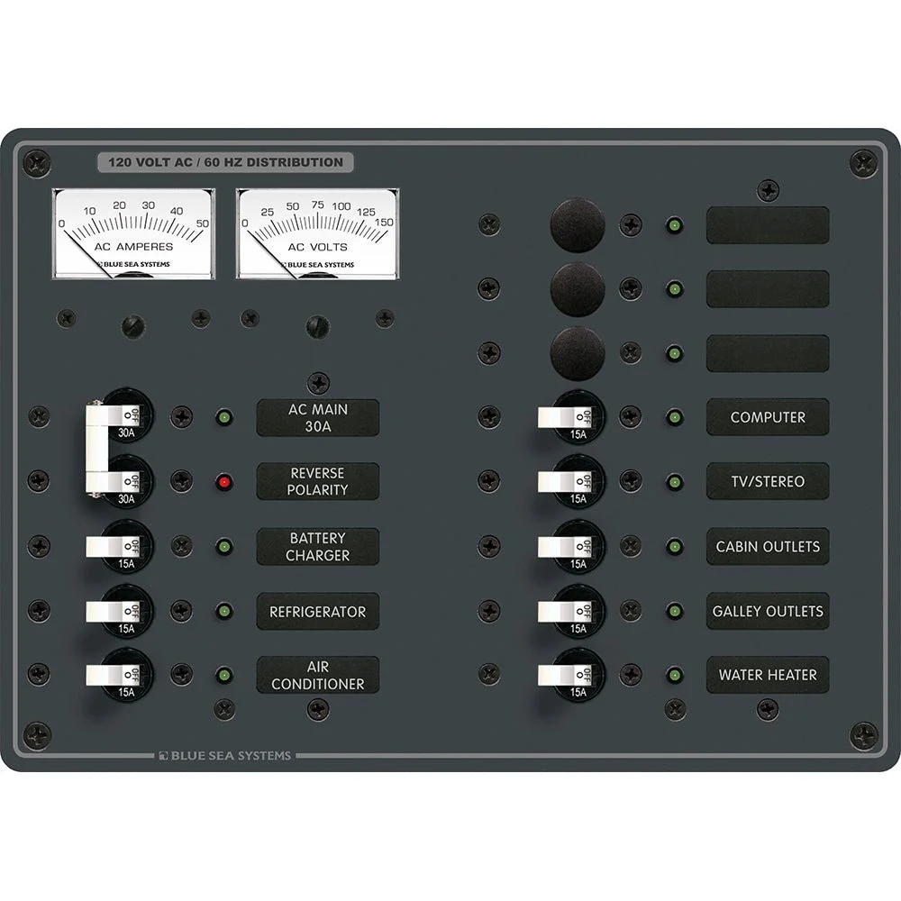 Blue Sea Systems 8076 AC Main +11 Positions Toggle Circuit Breaker Panel - White Switches – Marine Boat Replacement Part