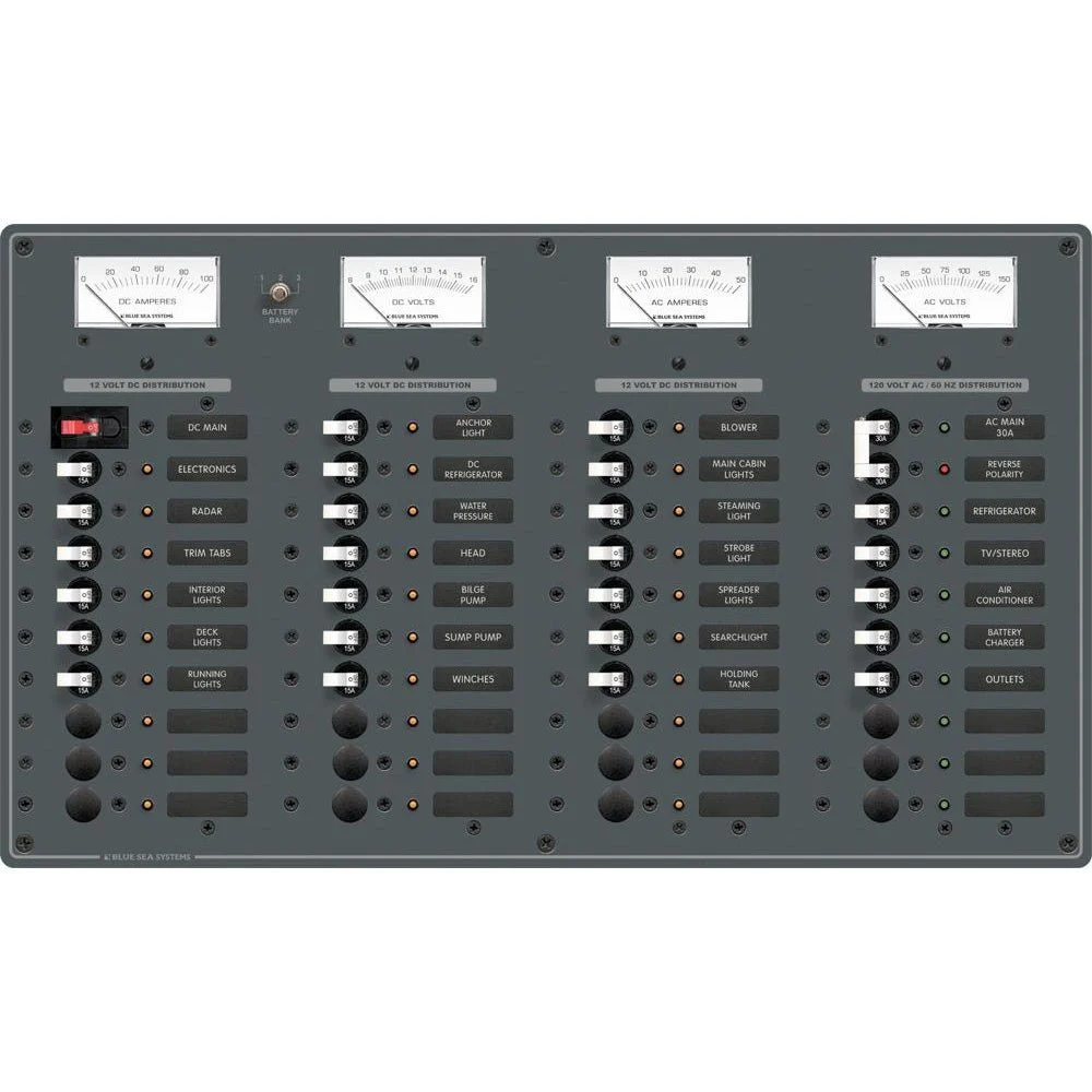 Blue Sea Systems 8095 AC Main +8 Positions / DC Main +29 Positions Toggle Circuit Breaker Panel (White Switches) – Marine Electrical Replacement Part