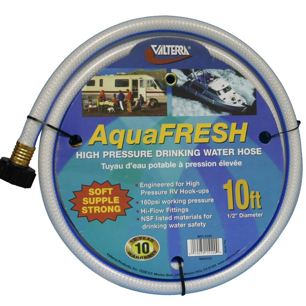 Valterra W01-5120 AquaFresh High Pressure Drinking Water Hose - 1/2" x 10', White - W01-5120
