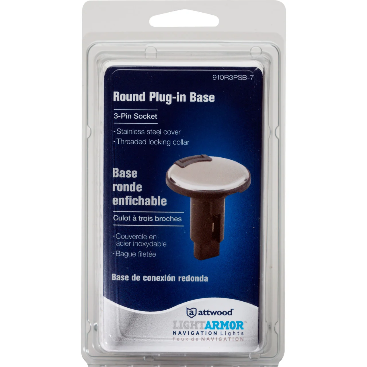Attwood 910R3PSB-7 LightArmor 910R Series Round 3-Pin Light Base - Overmold 306 SS, Black Cover - 910R3PSB-7