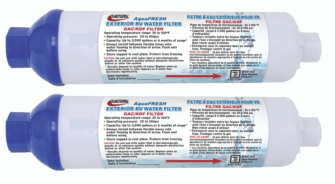 Valterra A01-1132VP AquaFRESH Replacement Exterior RV Water Filter w/Hose Connections - Pack of 2 - A01-1132VP